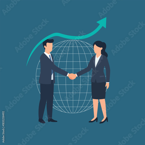 Man and Woman Shaking Hands over World Map with Financial Growth Arrow.