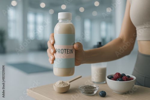 A woman holds a ready-to-drink protein beverage in a gym. A bowl of berries and a glass of protein shake are on a wooden table.