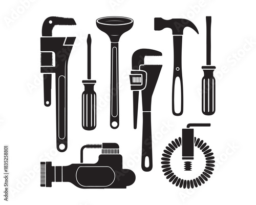 Plumbing Tools, pipe wrench, plunger, adjustable spanner, faucet, water pipe joint, valve wheel black Silhouette vector design illustration icon collection set, plumbing tools silhouette, pipe