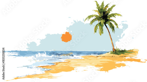 Tropical Beach Scene with Palm Tree Painting for Adobe Stock Photos