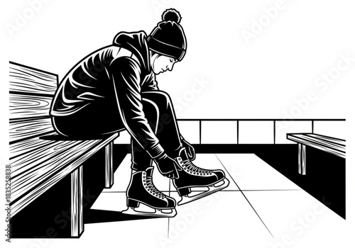 A person in winter attire sits on a bench tying their ice skates.