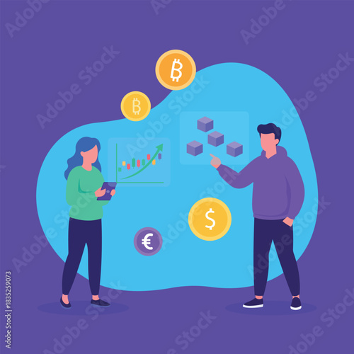 Man and Woman Analyzing Crypto Candlestick Chart and Blockchain Data.