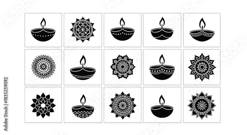 Set of black and white diwali diya and mandala icon collection