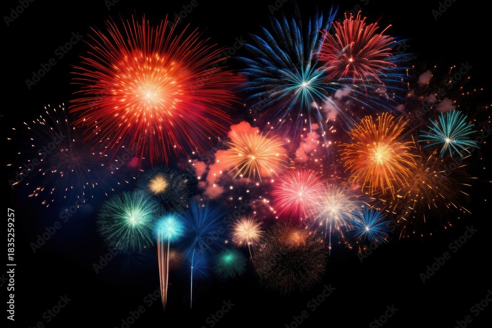 Fototapeta premium Fireworks colorful on black sky outdoors illuminated celebration.