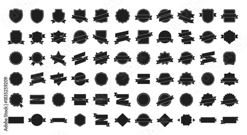 Collection of black silhouette badge and ribbon shape set