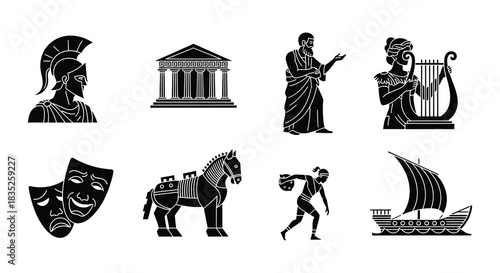 Ancient greece icons helmets temples theatre mythology and historical elements