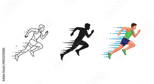 Set of three illustrations showing a male runner in motion, including outline, silhouette and full color versions