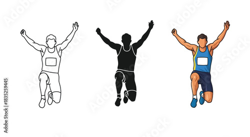 Set of three illustrations depicting a male athlete celebrating a successful long jump or high jump landing