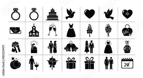Set of black silhouette icon collection for wedding and marriage event