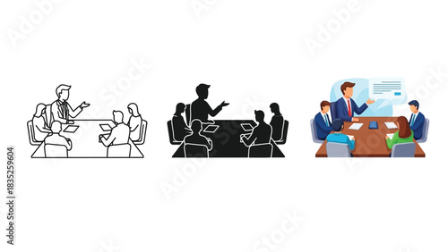 Set of three illustrations depicting a business meeting or presentation with people sitting around a conference table, shown in outline, silhouette and color style
