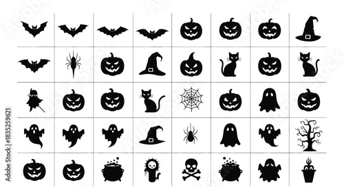 Set of black and white halloween icon silhouette collection