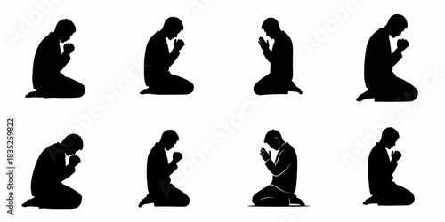 Eight Vector Silhouettes of a Praying Man Kneeling in Devotion or Worship. Collection of Religious or Spiritual Poses Isolated on White.