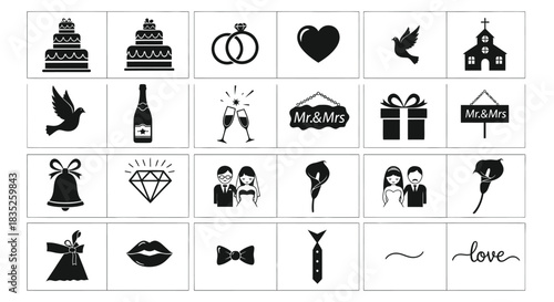 Set of black and white wedding and love icon collection