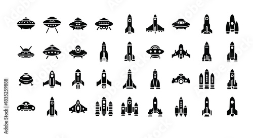Collection of black and white spaceship and ufo icon set