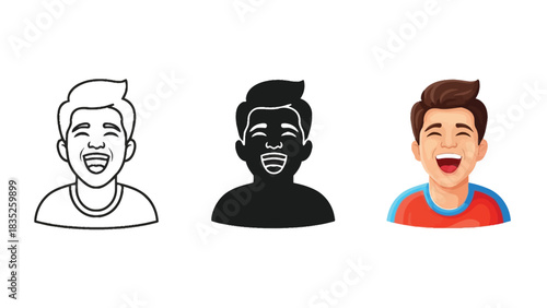 Set of three icons representing a laughing man in outline, silhouette and full color style