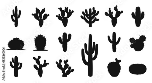Collection of various black silhouette cactus plant icon set
