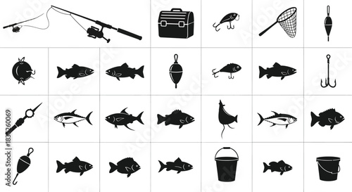 Collection of black and white fishing equipment and fish icons