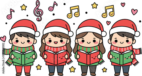Cartoon of four children singing Christmas carols with music notes and stars.
