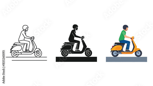 Set of three scooter rider icons showing outline, silhouette and full color vector illustration
