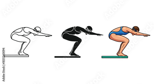 Set of three swimmer starting dive poses in outline, silhouette and full color illustration