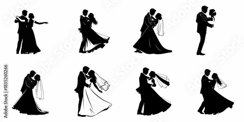 Eight black silhouette illustrations of married couples dancing, embracing, and celebrating their wedding day, symbolizing romance and eternal love.