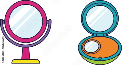 Colorful cartoon mirrors and makeup compact illustration on white background