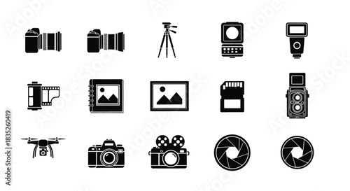 Collection of black and white photography and video equipment icon set