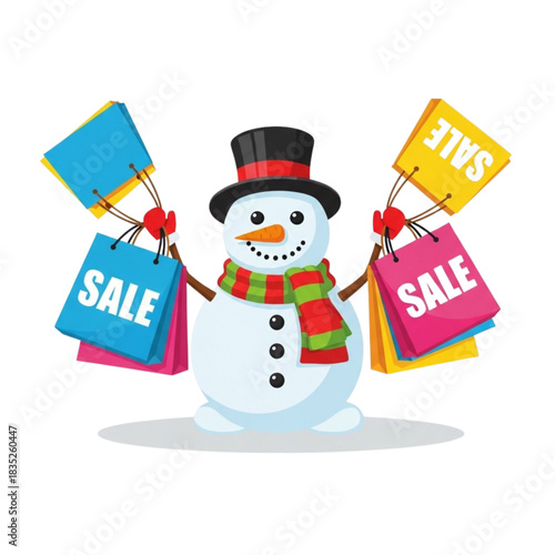 Whimsical snowman delights in holiday shopping spree, cheerfully promoting seasonal sales with colorful bags, bringing festive cheer to winter promotions and retail campaigns