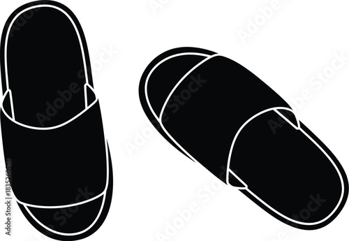 Simple black and white illustration of two slippers for home comfort
