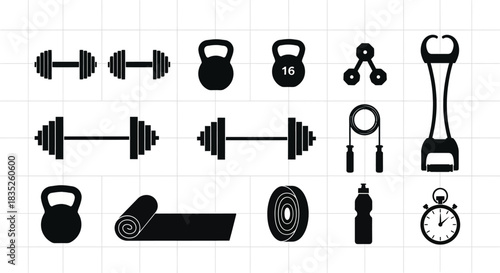 Collection of black silhouette icons for fitness and gym equipment