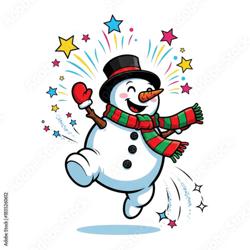 Festive cartoon snowman cheerfully dancing with a vibrant scarf, top hat, and joyous expression spreading winter holiday cheer and seasonal joy in a whimsical design
