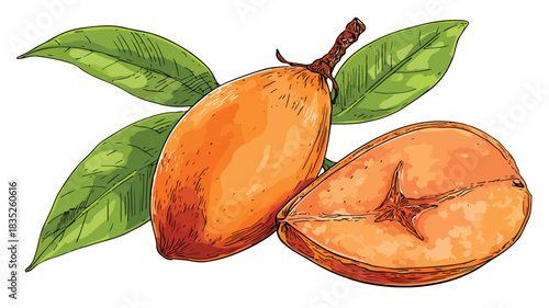 Mamey Fruit Vector Illustration with Outline on White Background
