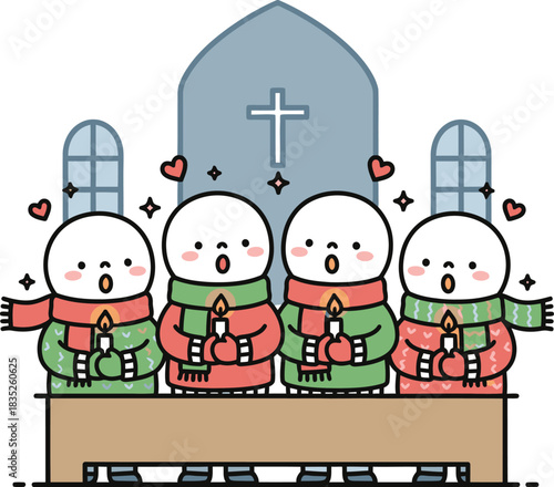 Cartoon of a choir singing Christmas carols in front of a church.