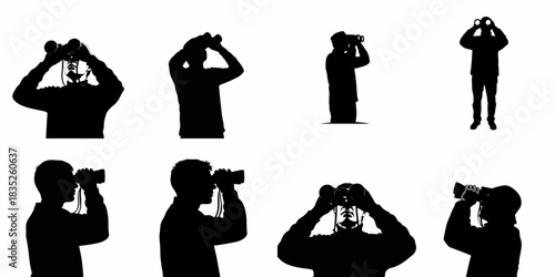 Set of eight black silhouettes depicting people using binoculars for observation, scouting, or birdwatching against a white background.
