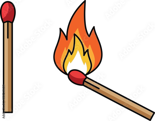 Unlit and burning matchsticks illustration on a clean white background