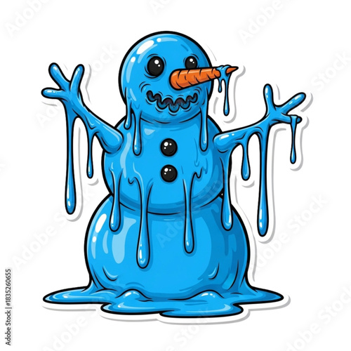 Whimsical melting snowman character with carrot nose, perfect for winter themes, humorous holiday designs, and seasonal promotions that bring a unique, fun twist