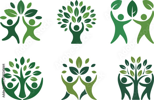 Set of six green tree and human silhouette logo icons