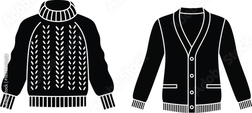 Two different types of black sweaters on a white background