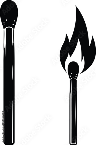 Matchstick set unlit and burning match with flame isolated on white background