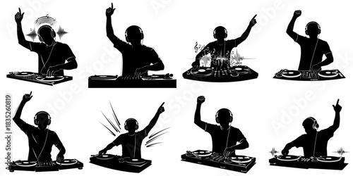 Black Silhouettes of DJs Mixing Music on Turntables Set: Party, Clubbing, and Electronic Music Icons with Headphones and Raised Arms.