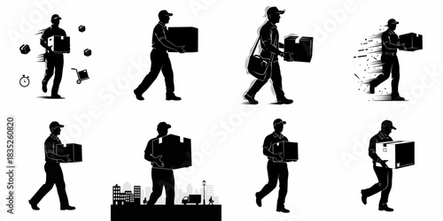 Collection of delivery man silhouettes carrying packages, illustrating fast courier service, logistics, and shipping concepts in black and white graphic style.