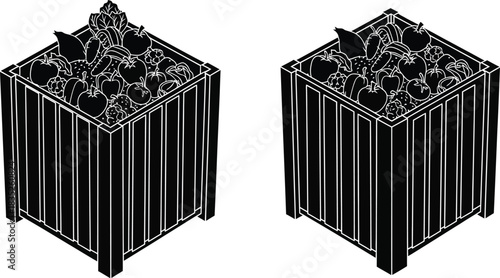 Two black and white isometric planters filled with plants and soil