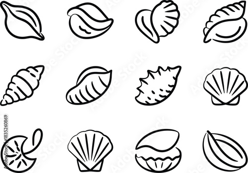 Abstract Seashell Vector Icon Set,Minimal Marine Shell Symbol Pack,Stylized Seashell Graphic Collection,Modern Seashell Silhouette Icons,Nautical Seashell Vector Graphics,Sea Shell Outline Icons,Ai