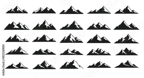 Set of various black silhouette mountain range icons