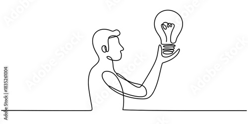 Single continuous line drawing of a person holding up a lightbulb, symbolizing the moment of a new idea, innovation, creativity, and insight. Vector, illustration