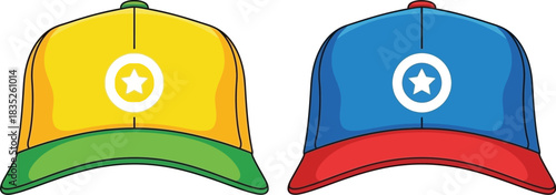 Two colorful baseball caps with star design isolated vector illustration