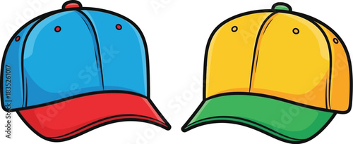 Two cartoon baseball caps in different colors isolated on white background