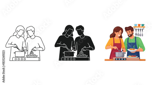 Couple cooking together in kitchen preparing food stove in various styles including outline silhouette and color illustration