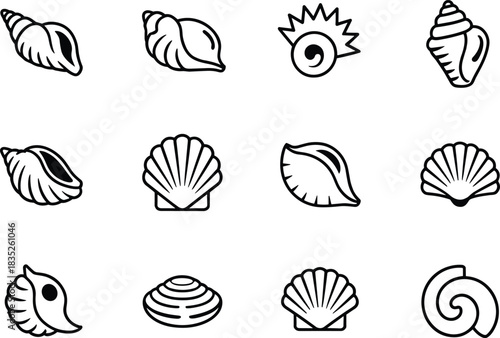 Abstract seashell vector icons set, modern minimal shell symbols, stylized ocean shell silhouettes, creative coastal marine shell graphics, elegant seashell logo collection