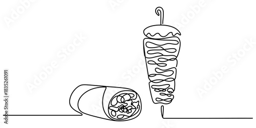 Continuous line drawing of a classic shawarma doner kebab skewer and a rolled savory wrap, an iconic symbol of delicious street food. Vector, illustration
